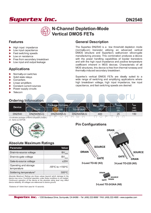 DN2540 datasheet - N-Channel Depletion-Mode Vertical DMOS FETs