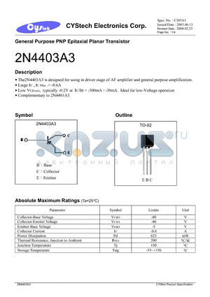 2N4403A3 datasheet - General Purpose PNP Epitaxial Planar Transistor
