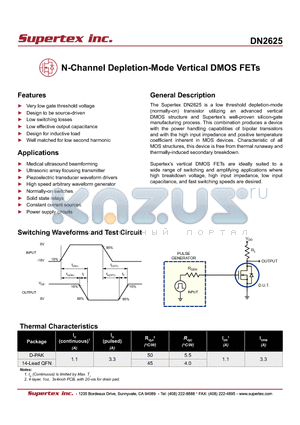 DN2625 datasheet - N-Channel Depletion-Mode Vertical DMOS FETs