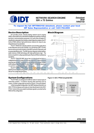 75N43102 datasheet - NETWORK SEARCH ENGINE 32K x 72 Entries