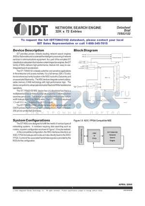 75N43102_05 datasheet - NETWORK SEARCH ENGINE 32K x 72 Entries