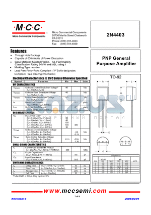 2N4403-BP datasheet - PNP General Purpose Amplifier