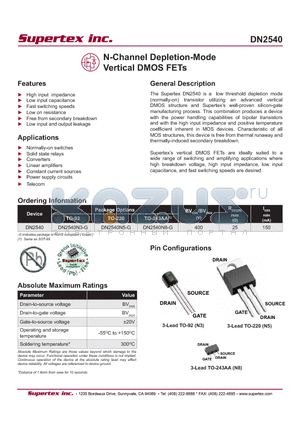DN2540_07 datasheet - N-Channel Depletion-Mode Vertical DMOS FETs
