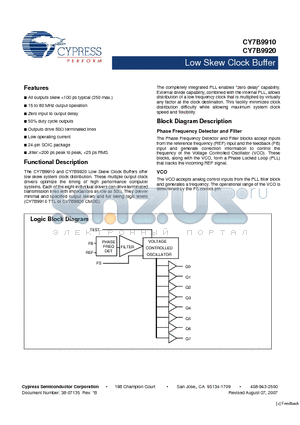 CY7B9910-5SI datasheet - Low Skew Clock Buffer