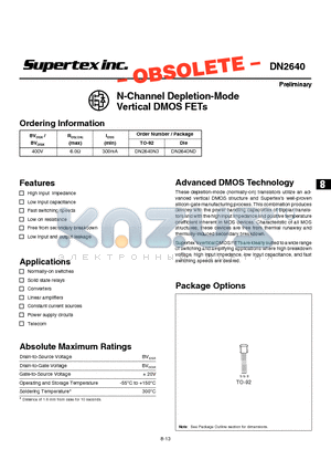 DN2640N3 datasheet - N-Channel Depletion-Mode Vertical DMOS FETs