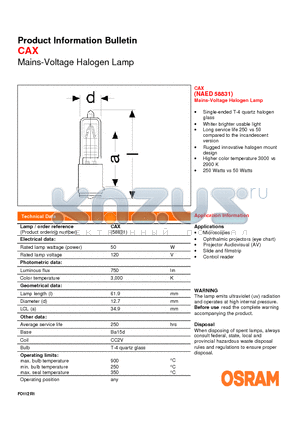 58831 datasheet - Product Information Bulletin CAX Mains-Voltage Halogen Lamp