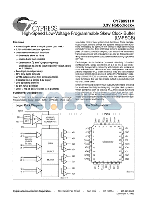 CY7B9911 datasheet - High-Speed Low-Voltage Programmable Skew Clock Buffer LV-PSCB