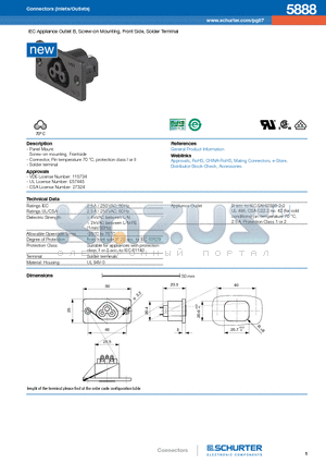 5888 datasheet - IEC Appliance Outlet B, Screw-on Mounting, Front Side, Solder Terminal