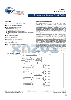 CY7B9911-5JC datasheet - Programmable Skew Clock Buffer