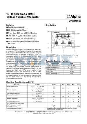 AV850M2-00 datasheet - 18-40 GHz GaAs MMIC Voltage Variable Attenuator