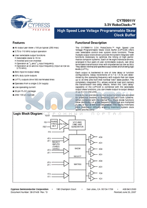 CY7B9911V datasheet - High Speed Low Voltage Programmable Skew Clock Buffer