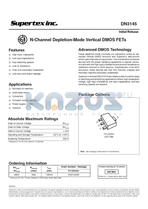 DN3145N8 datasheet - N-Channel Depletion-Mode Vertical DMOS FETs
