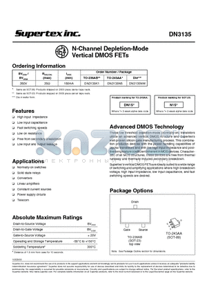 DN3135K1 datasheet - N-Channel Depletion-Mode Vertical DMOS FETs