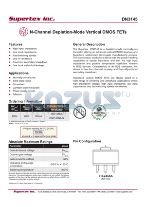 DN3145N8 datasheet - N-Channel Depletion-Mode Vertical DMOS FETs