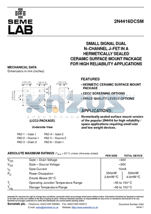 2N4416DCSM datasheet - SMALL SIGNAL DUAL NCHANNEL JFET IN A