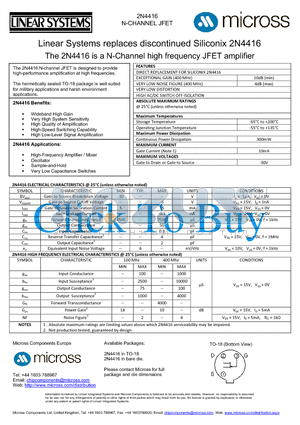 2N4416_TO-18 datasheet - N-Channel high frequency JFET amplifier