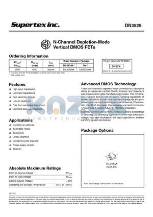 DN3525 datasheet - N-Channel Depletion-Mode Vertical DMOS FETs