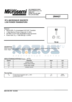 2N4427 datasheet - RF & MICROWAVE DISCRETE LOW POWER TRANSISTORS