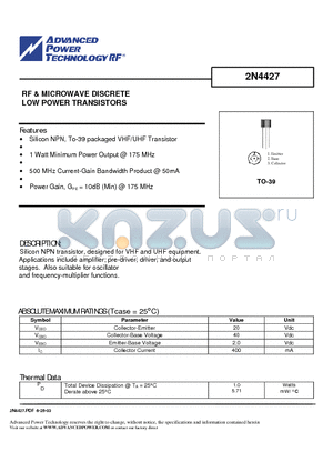 2N4427 datasheet - RF & MICROWAVE DISCRETE LOW POWER TRANSISTORS