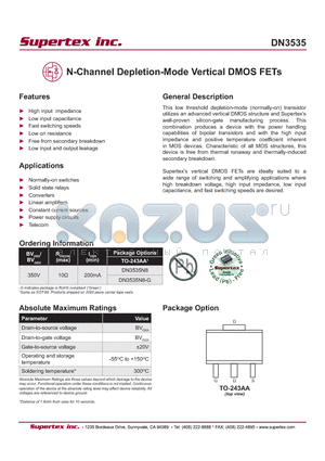 DN3535N8-G datasheet - N-Channel Depletion-Mode Vertical DMOS FETs