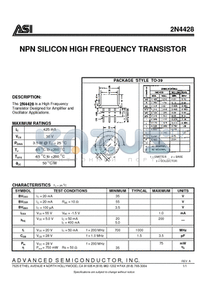 2N4428 datasheet - NPN SILICON HIGH FREQUENCY TRANSISTOR