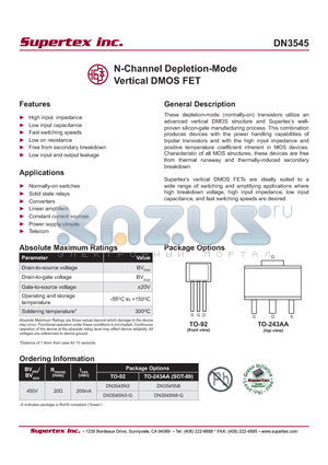 DN3545N3-G datasheet - N-Channel Depletion-Mode Vertical DMOS FET