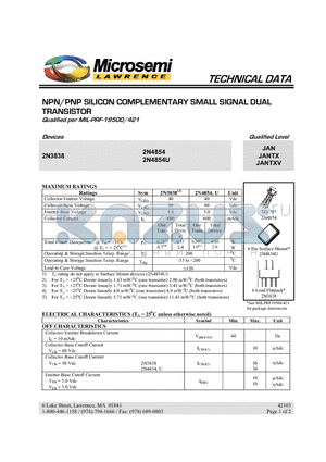 2N4854 datasheet - NPN/PNP SILICON COMPLEMENTARY SMALL SIGNAL DUAL