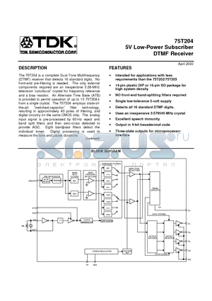 75T204 datasheet - 5V Low-Power Subscriber DTMF Receiver