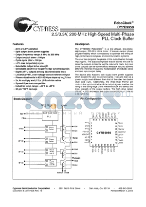 CY7B9950AI datasheet - 2.5/3.3V 200-MHz High-Speed Multi-Phase PLL Clock Buffer