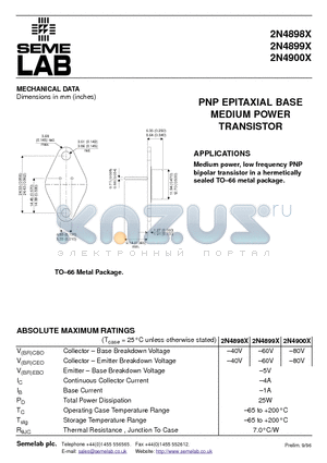 2N4898X datasheet - PNP EPITAXIAL BASE MEDIUM POWER TRANSISTOR