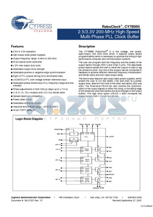 CY7B995AI datasheet - 2.5/3.3V 200-MHz High-Speed Multi-Phase PLL Clock Buffer