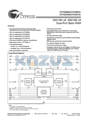 CY7C006A-12AC datasheet - 32K/16K x8, 32K/16K x9 Dual-Port Static RAM