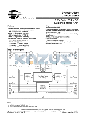 CY7C008V-25AC datasheet - 3.3V 64K/128K x 8/9 Dual-Port Static RAM