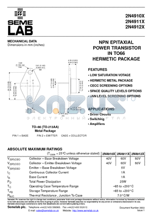 2N4910X datasheet - NPN EPITAXIAL POWER TRANSISTOR IN TO66 HERMETIC PACKAGE