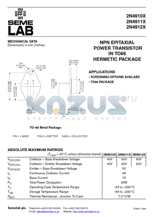 2N4911X datasheet - NPN EPITAXIAL POWER TRANSISTOR IN TO66 HERMETIC PACKAGE