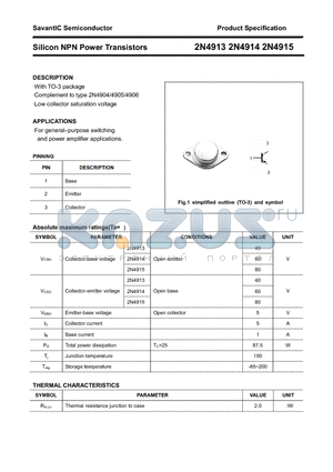 2N4913 datasheet - Silicon NPN Power Transistors