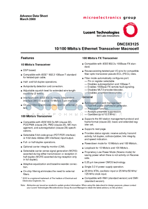 DNC3X3125 datasheet - DNC3X3125 10/100 Mbits/s Ethernet Transceiver Macrocell