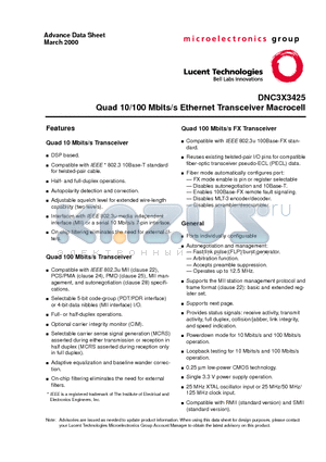 DNC3X3425 datasheet - DNC3X3425 Quad 10/100 Mbits/s Ethernet Transceiver Macrocell