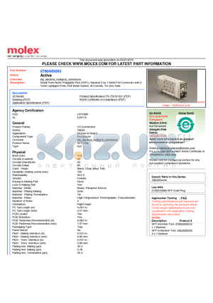 760445003 datasheet - Small Form-factor Pluggable Plus (SFP) Stacked 2-by-1 Multi-Port Connector with 2 Outer Lightpipe Ports, EMI Metal Gasket, 40 Circuits, Tin (Sn) Tails