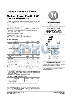 2N4918 datasheet - Medium-Power Plastic PNP Silicon Transistors