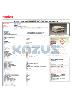 76046-0001 datasheet - Small Form-factor Pluggable Plus (SFP) Stacked 2-by-4 Multi-Port Connector with 4Lightpipe Ports, EMI Metal Gasket, 160 Circuits, Tin (Sn)/Lead(Pb) Tails