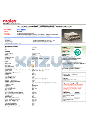 760465002 datasheet - Small Form-factor Pluggable Plus (SFP) Stacked 2-by-4 Multi-Port Connector with 2 Inner Lightpipe Ports, EMI Metal Gasket, 160 Circuits, Tin (Sn) Tails