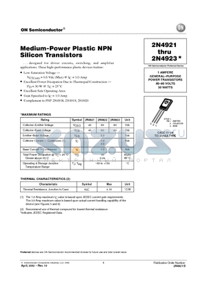 2N4921 datasheet - 1 AMPERE GENERAL PURPOSE POWER TRANSISTORS 30 WATTS