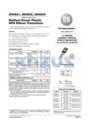 2N4921 datasheet - Medium−Power Plastic NPN Silicon Transistors