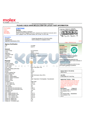 760475002 datasheet - Small Form-factor Pluggable Plus (SFP) Stacked 2-by-5 Multi-Port Connector with 2 Inner Lightpipe Ports, EMI Metal Gasket, 200 Circuits, Tin (Sn) Tails