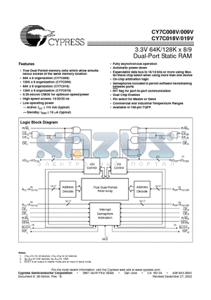 CY7C019V-20AI datasheet - 3.3V 64K/128K x 8/9 Dual-Port Static RAM