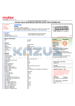 76048-0002 datasheet - Small Form-factor Pluggable Plus (SFP) Stacked 2-by-6 Multi-Port Connector with 2 Inner Lightpipe Ports, EMI Metal Gasket, 240 Circuits, Tin (Sn)/Lead(Pb) Tails