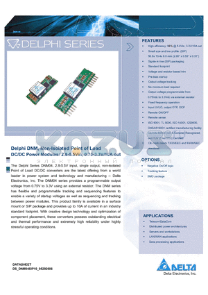 DNL04S0A0R10NFA datasheet - Delphi DNM, Non-Isolated Point of Load DC/DC Power Modules: 2.8-5.5Vin, 0.75-3.3V/10A out