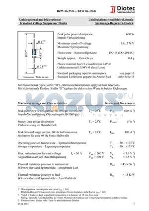 BZW06-111 datasheet - Unidirectional and bidirectional Transient Voltage Suppressor Diodes