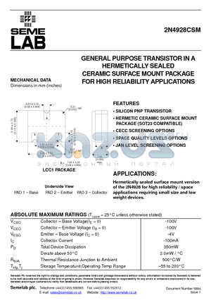 2N4928CSM datasheet - GENERAL PURPOSE TRANSISTOR IN A HERMETICALLY SEALED